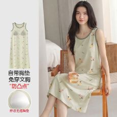 批发【带胸垫】春<b class='q'>秋</b>新款纯棉女背心睡裙印花休闲女家居服