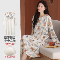 批发【带胸垫】春<b class='q'>秋</b>新款纯棉女长袖睡裙印花休闲女家居服