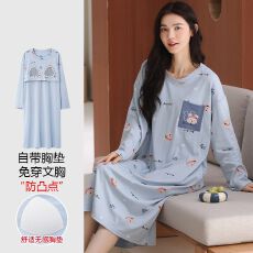 批发【带胸垫】春<b class='q'>秋</b>新款纯棉女长袖睡裙印花休闲女家居服