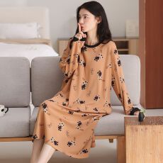 批发【带胸垫】春<b class='q'>秋</b>新款纯棉女长袖睡裙印花休闲女家居服