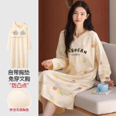 批发【带胸垫】春<b class='q'>秋</b>新款纯棉女长袖睡裙印花休闲女家居服