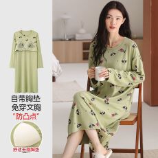 批发【带胸垫】春<b class='q'>秋</b>新款纯棉女长袖睡裙印花休闲女家居服