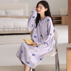 批发【带胸垫】春<b class='q'>秋</b>新款纯棉女长袖睡裙印花休闲女家居服