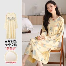 批发【带胸垫】春<b class='q'>秋</b>新款纯棉女长袖睡裙印花休闲女家居服