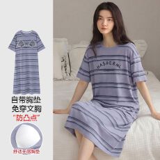 批发【带胸垫】春<b class='q'>秋</b>新款纯棉女短袖睡裙印花休闲女家居服
