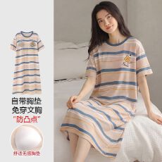 批发【带胸垫】春<b class='q'>秋</b>新款纯棉女短袖睡裙印花休闲女家居服