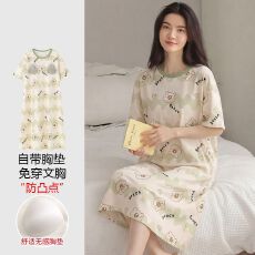 批发【带胸垫】春<b class='q'>秋</b>新款纯棉女短袖睡裙印花休闲女家居服