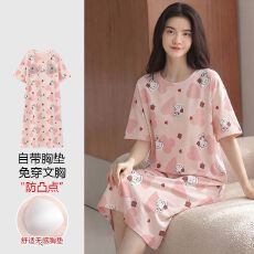 批发【带胸垫】春<b class='q'>秋</b>新款纯棉女短袖睡裙印花休闲女家居服