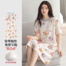批发【带胸垫】春<b class='q'>秋</b>新款纯棉女短袖睡裙印花休闲女家居服