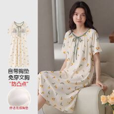 批发【带胸垫】春<b class='q'>秋</b>新款纯棉女短袖睡裙印花休闲女家居服