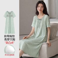 批发【带胸垫】春<b class='q'>秋</b>新款纯棉女短袖睡裙印花休闲女家居服