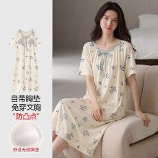 批发【带胸垫】春<b class='q'>秋</b>新款纯棉女短袖睡裙印花休闲女家居服