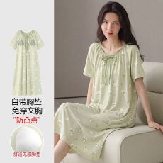 批发【带胸垫】春<b class='q'>秋</b>新款纯棉女短袖睡裙印花休闲女家居服
