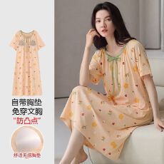 批发【带胸垫】春<b class='q'>秋</b>新款纯棉女短袖睡裙印花休闲女家居服
