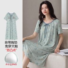 批发【带胸垫】春<b class='q'>秋</b>新款纯棉女短袖睡裙印花休闲女家居服