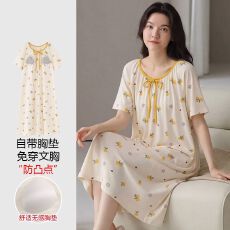批发【带胸垫】春<b class='q'>秋</b>新款纯棉女短袖睡裙印花休闲女家居服