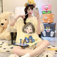 夏季拉架仿棉圆领短袖短裤睡衣女套装休闲卡通家居服