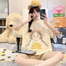 夏季拉架仿棉圆领短袖短裤睡衣女套装休闲卡通家居服