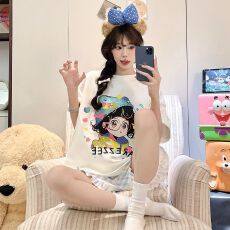 夏季拉架仿棉圆领短袖短裤睡衣女套装休闲卡通家居服