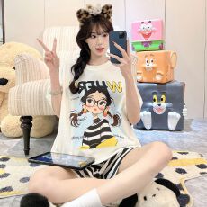 夏季拉架仿棉圆领短袖短裤睡衣女套装休闲卡通家居服