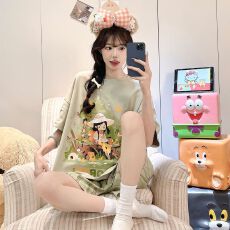 夏季拉架仿棉圆领短袖短裤睡衣女套装休闲卡通家居服