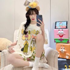 夏季拉架仿棉圆领短袖短裤睡衣女套装休闲卡通家居服