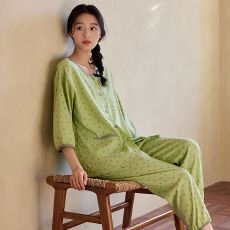 批发夏季云朵棉七分袖女睡衣夏天睡衣九分裤套装田园风带胸垫家居服