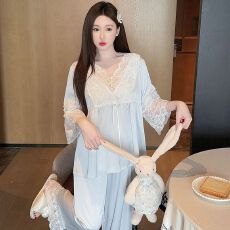 批发带胸垫夏季新款冰丝薄款短袖长裤套装睡衣家居服<b class='q'>女</b>士弹力缎面大码