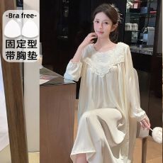 睡裙宫廷风蕾丝花边长袖纯色轻奢睡裙女春季超长冰丝睡衣宽松薄款