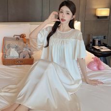 睡裙宫廷风蕾丝花边长袖纯色轻奢睡裙女春秋季超长冰丝睡衣宽松