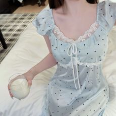 批发烫银蝴蝶轻奢中长款睡裙印花女士短袖时尚带胸垫V领高档简约睡衣