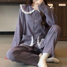 批发(实拍)娃娃领韩版Ins风紫樱桃云朵棉睡衣女家居服套装