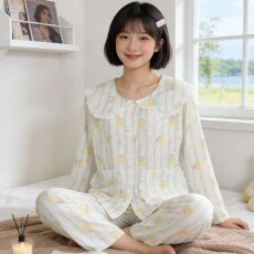 批发风蓝条纹兔子舒适柔软云朵棉睡衣女家居服套装