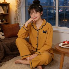 批发云朵棉贝壳ins风韩版<b class='q'>卡通</b>波点绣花小猫亲肤家居服套装