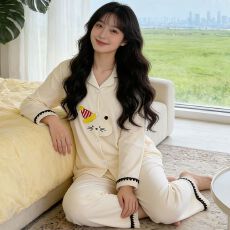 批发ins风纯色小猫贝壳索罗娜仿棉160克<b class='q'>睡衣</b>长袖家居服套装