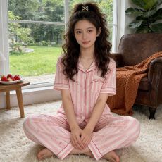 批发ins风简约条纹甜美<b class='q'>蝴蝶结</b>皱布短袖长裤家居服睡衣套装