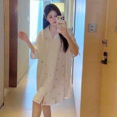 批发【蝶语珠光】夏季爆款冰丝性感衬衫睡衣裙短裤纯欲男友风套装