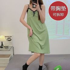 批发皱布加弹睡衣女夏季带胸垫吊带睡裙<b class='q'>加肥</b>大码210斤家居服