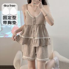 批发夏季新款云朵棉吊带带胸垫短裤宽松<b class='q'>加肥</b>大码家居服套装