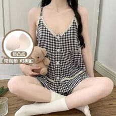 批发格子吊带睡衣女夏季自带胸垫短裤云朵棉<b class='q'>日系</b><b class='q'>甜美</b>可爱家居服两件套