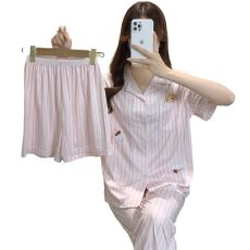 批发睡衣女夏季新款仿棉翻领三件套短袖长裤卡通甜美少女家居服<b class='q'>套装</b>