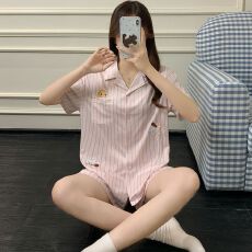 批发睡衣女夏季新款仿棉翻领两件套短袖长裤卡通甜美少女家居服<b class='q'>套装</b>