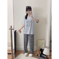 批发夏季<b class='q'>睡衣</b>女短袖长裤卡通休闲宽松家居服套装仿棉170克