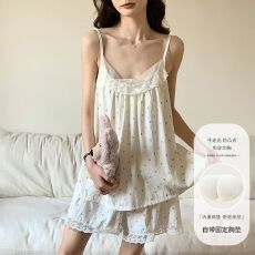 批发夏季新款<b class='q'>睡衣</b>女小花朵吊带套装带胸垫云朵棉可外穿家居服