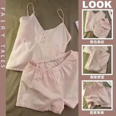 批发吊带短裤带胸垫<b class='q'>睡衣</b>女夏季新款云朵棉高级感少女粉条纹家居服套装