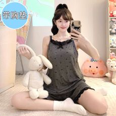 批发固定胸垫睡衣女夏季<b class='q'>莫代尔</b>吊带套装宽松大码220斤可穿<b class='q'>家居服</b>M-5XL