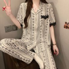 批发夏季睡衣女云朵棉翻领带胸垫短袖长裤学生甜美家居服套装