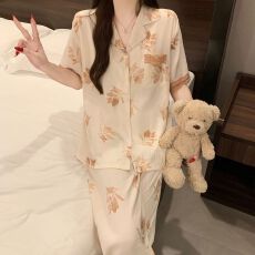 批发夏季睡衣女云朵棉翻领带胸垫短袖长裤学生甜美家居服套装