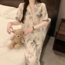 批发夏季睡衣女云朵棉翻领带胸垫短袖长裤学生甜美家居服套装