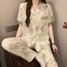 批发夏季睡衣女云朵棉翻领带胸垫短袖长裤学生甜美家居服套装